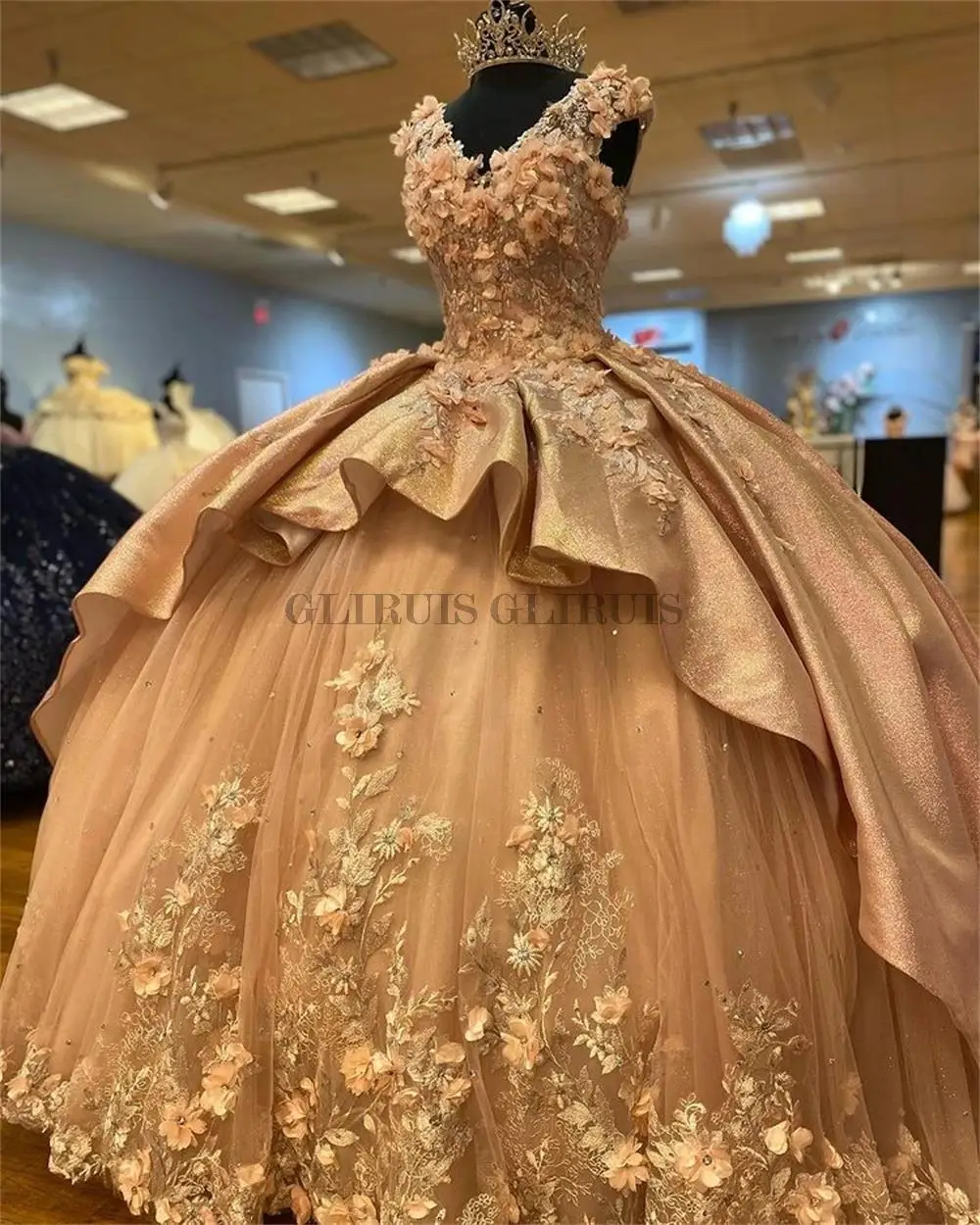 

Champagne Handmade Quinceanera Dress Appliques Sparkly Princess Sweet 16 Prom Party Gowns Vestidos De 15 Años Lace-Up