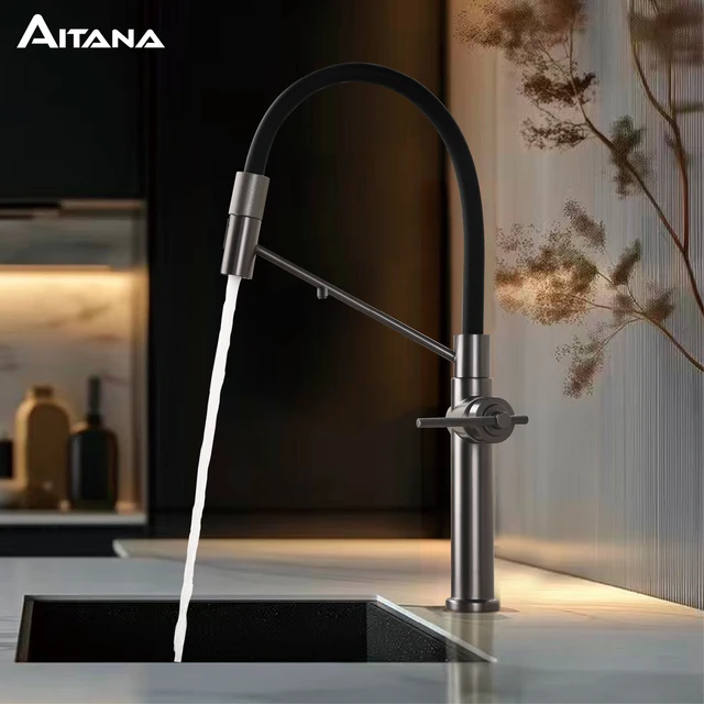 ก๊อกน้ำครัวแบบ 3-in-1 สีเทาปืนทองเหลือง รุ่นโมเดิร์น แบบรูเดียว พร้อมตัวกรองน้ำแยกต่างหาก ก๊อกน้ำแบบดึงออกได้  แบบผสมน้ำร้อนน้ำเย็น 1