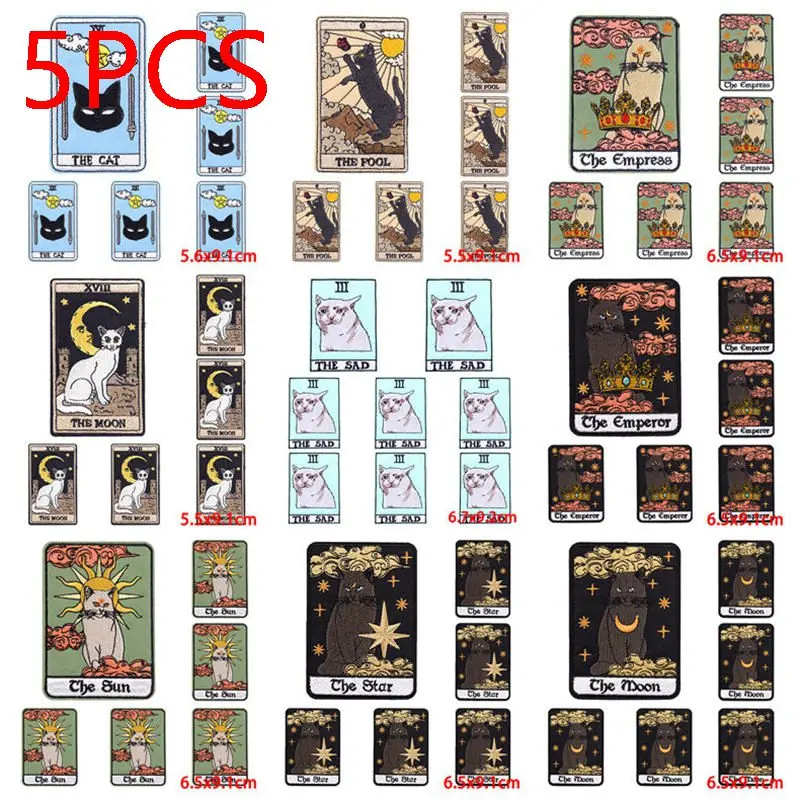 5PCS/Lots Animal Tarot Cards Patch Cartoon Embroidered Patches For Clothes Jacket Backpack Iron On Patches For Clothing Stickers