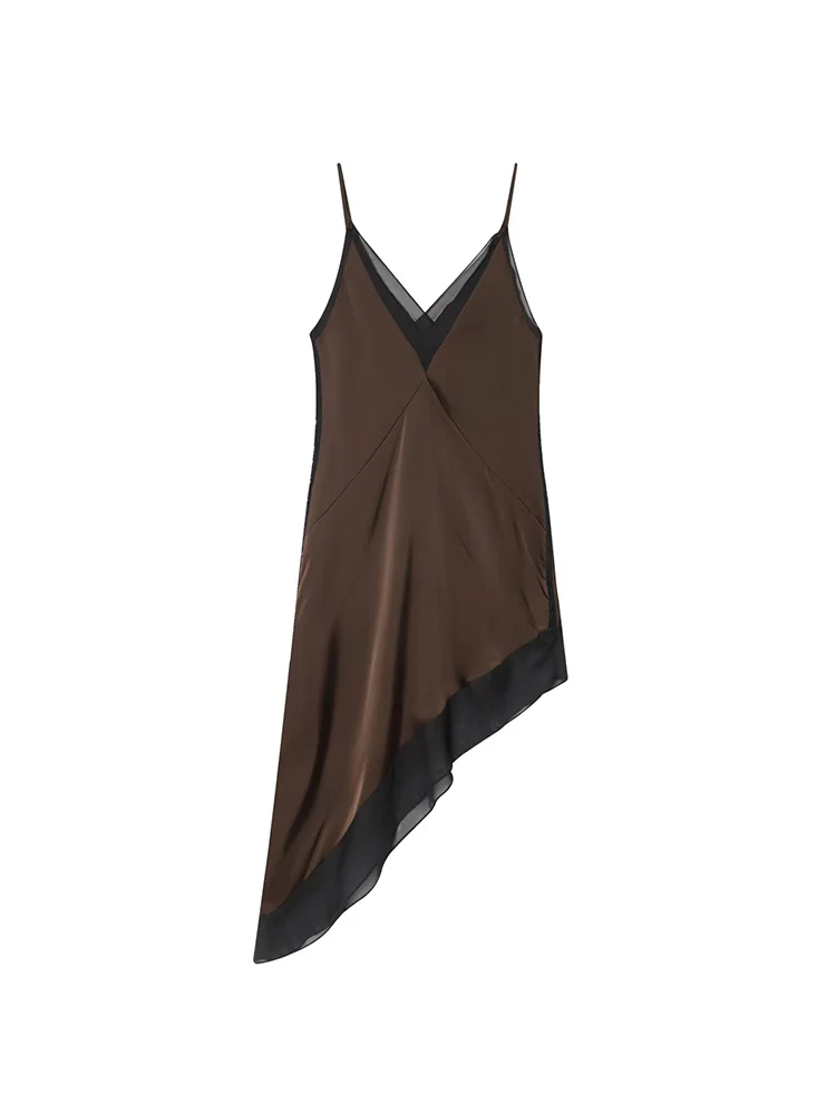 2026 New Women Elegant V Neck Sling Dress Solid Color Soft Satin Irregular Dress Female Chic Hem Asymmetrical Vestidos Dress