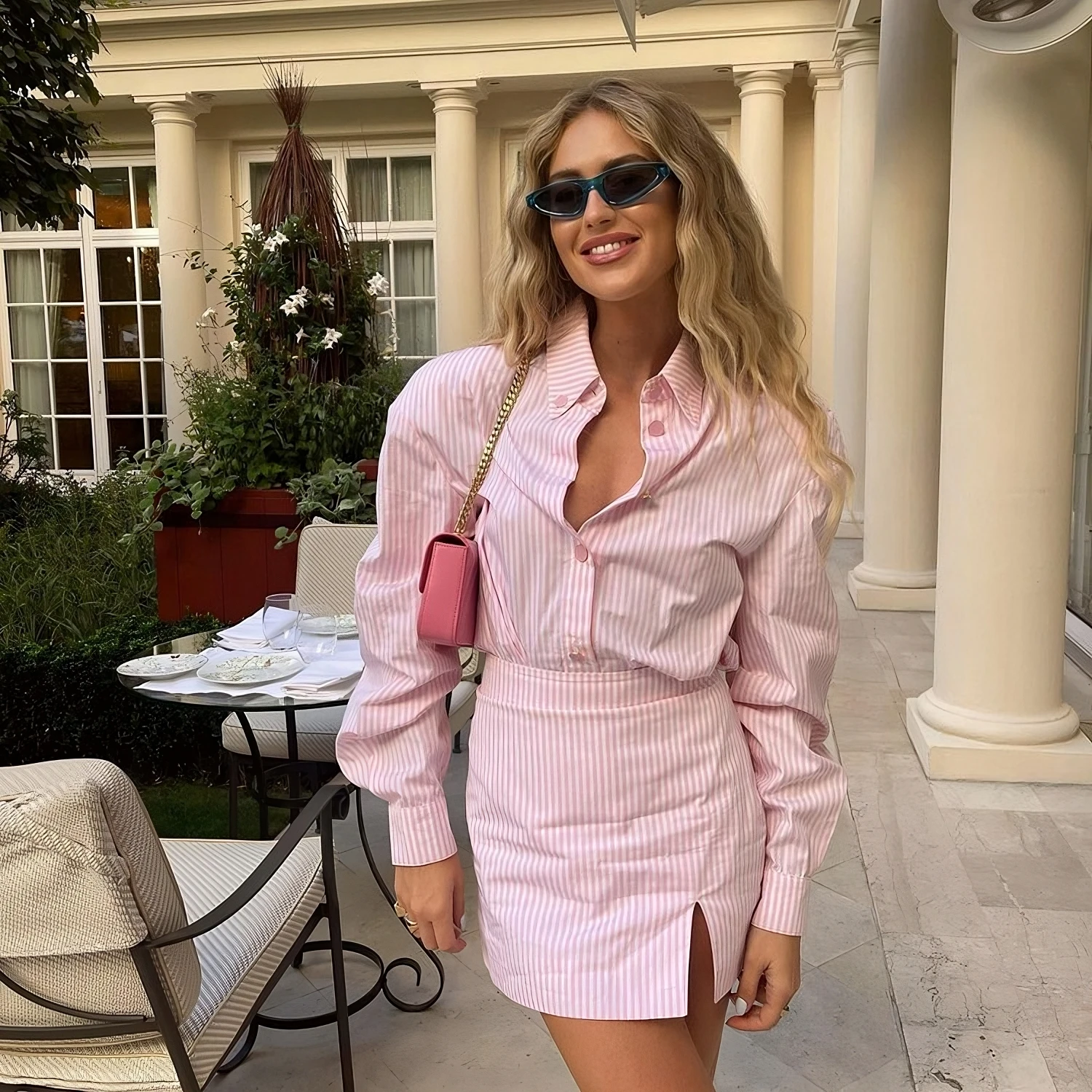 

Female Two 2 Pieces Outfit Set Long Sleeve Polo Collar Striped Shirt Wrapped Hip Half Skirt Fashion Office Casual Women Clothes