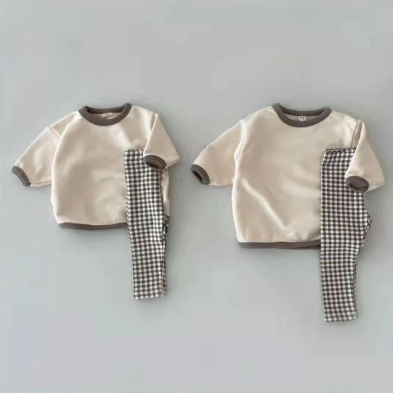 Autumn New Baby Long Sleeve Clothes Set Infant Solid Casual Sweatshirt Set Boys Girls Plaid Pants Outfits Children 2pcs Suit 5