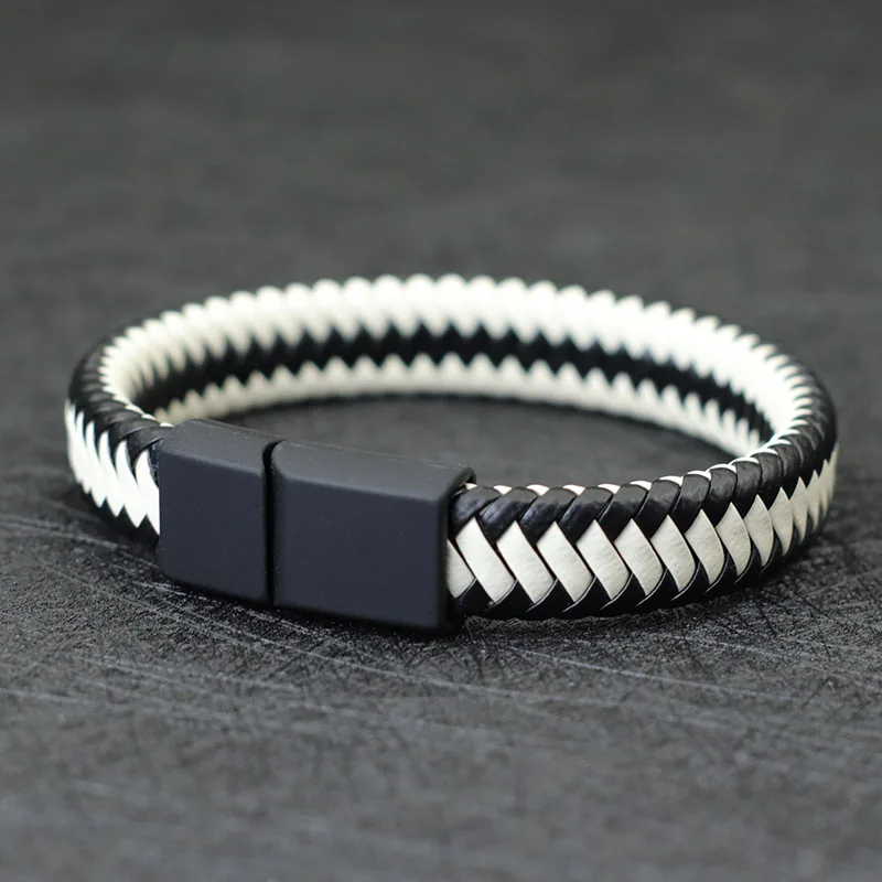 Men Leather Bangle Black Braided Magnetic Clasp Punk Bracelet