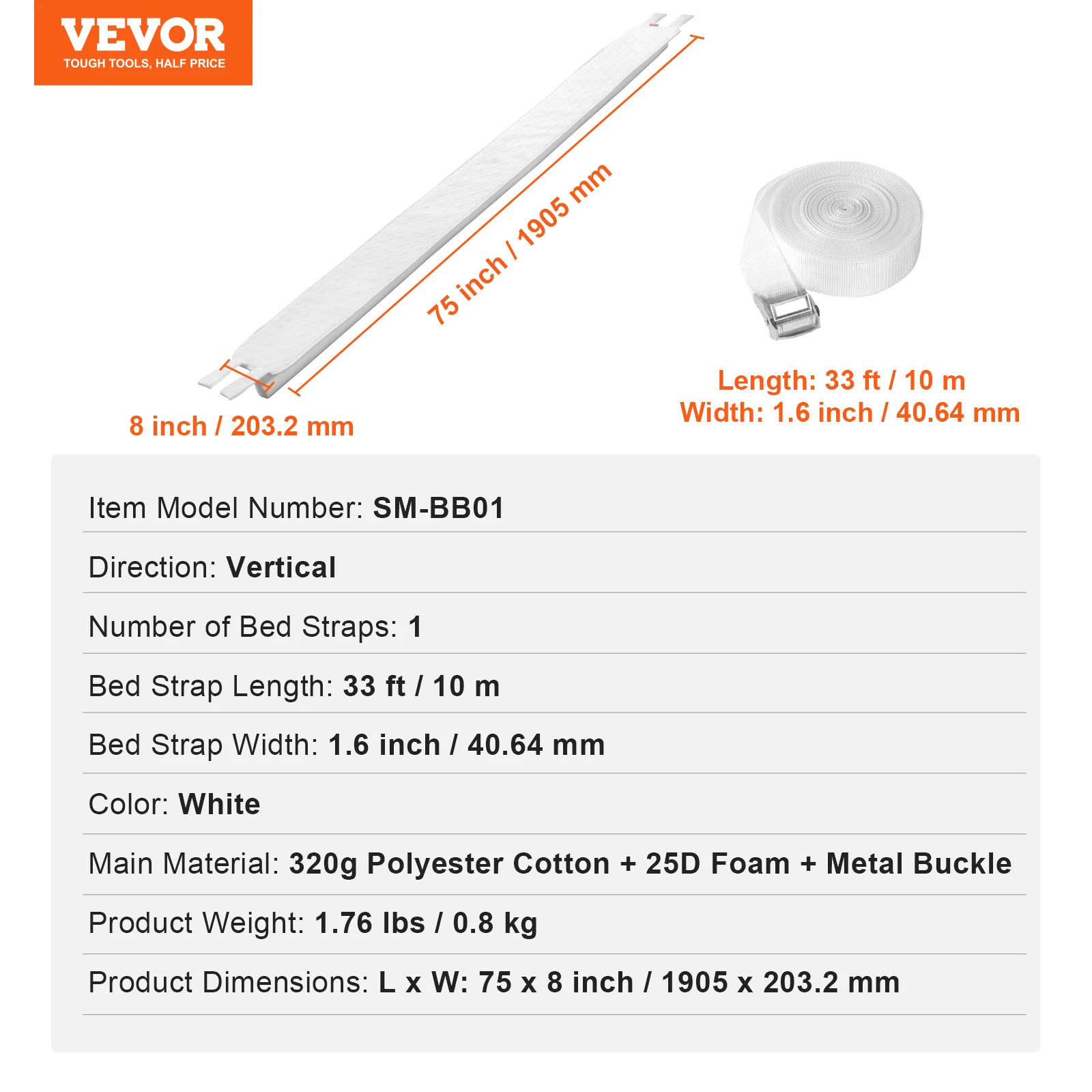 VEVOR Bed Bridge Mattress Connector for Adjustable Bed Mattress Gap Filler with Heavy Duty Metal Buckle Strap 25D Memory Foam 6