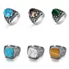 Jiayiqi Vintage Handmade Oval Rings For Men Women Stainless Steel Ancient Restro Tiger Eye/Turquoise Stone Ring Wholesale