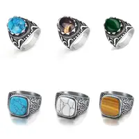 Jiayiqi Vintage Handmade Oval Rings For Men Women Stainless Steel Ancient Restro Tiger Eye/Turquoise Stone Ring Wholesale