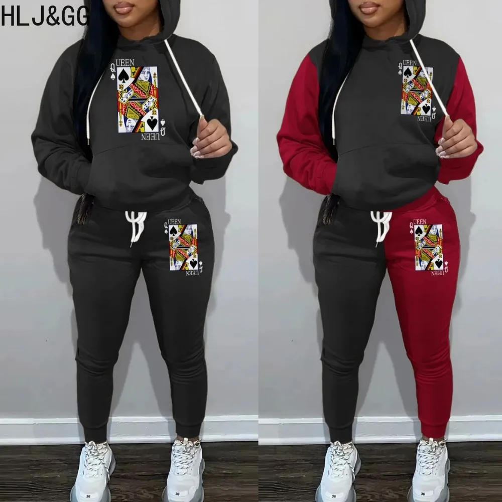 HLJ&GG Vintage Pattern Print Women Hooded Two Piece Sets Women Long Sleeve Top And Jogger Pants Tracksuits Female 2pcs Outfits