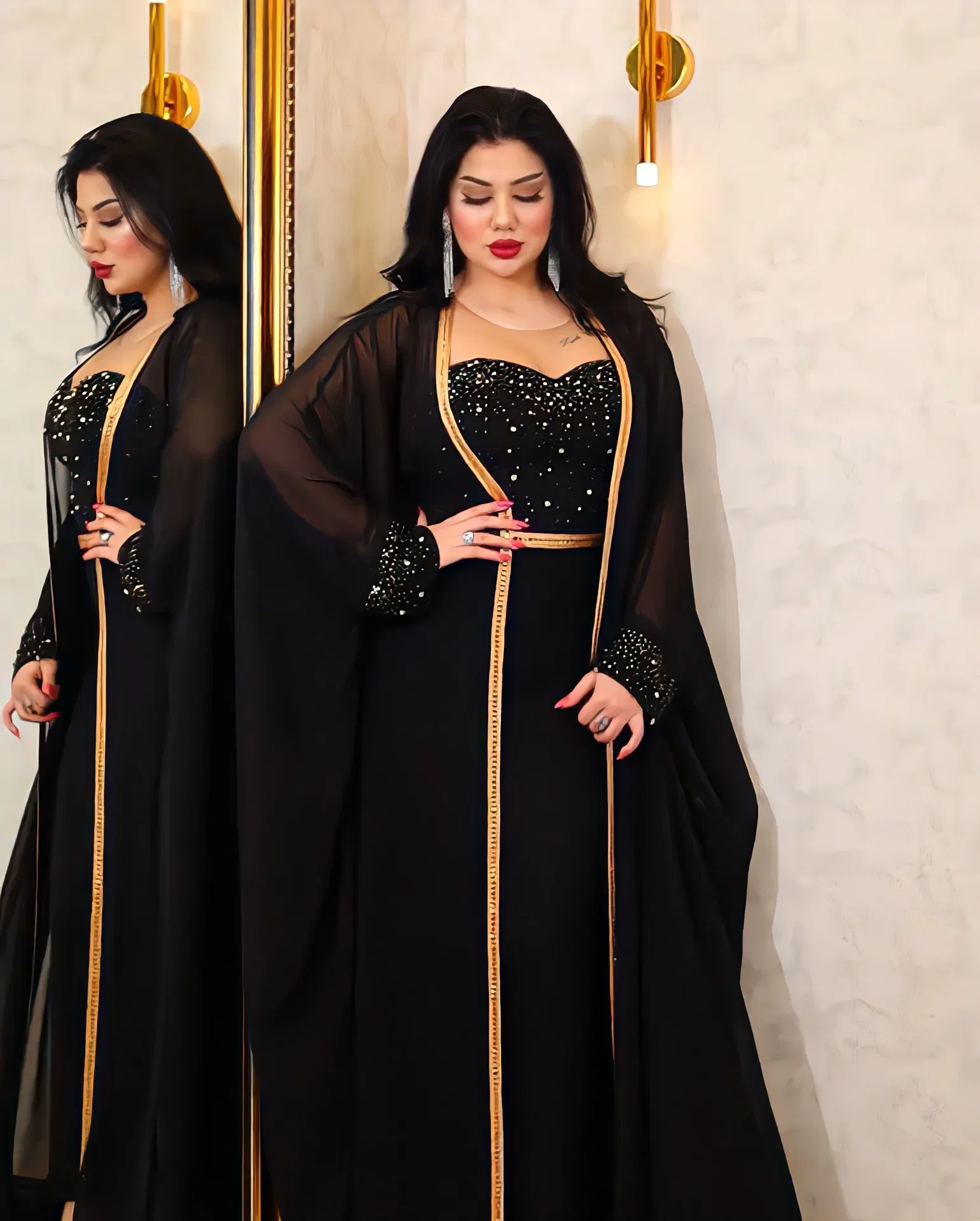 Muslim Abayas for Women Dress 2 Piece Set Beaded Abaya Dubai Luxury Party Dresses Kimono Gown Saudi Arabic Kaftan Robe Islamic