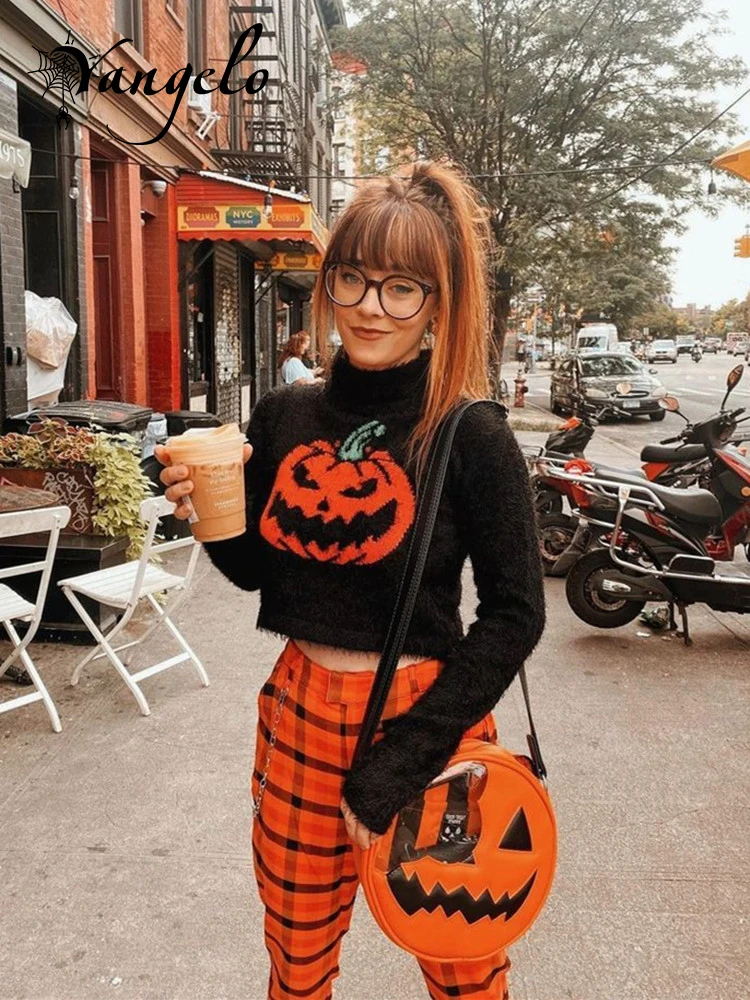 

Yangelo Gothic Black Pumpkin Print Women's Sweater Turtleneck Pullover Crop Long Sleeves Halloween Grunge Girls Party Top