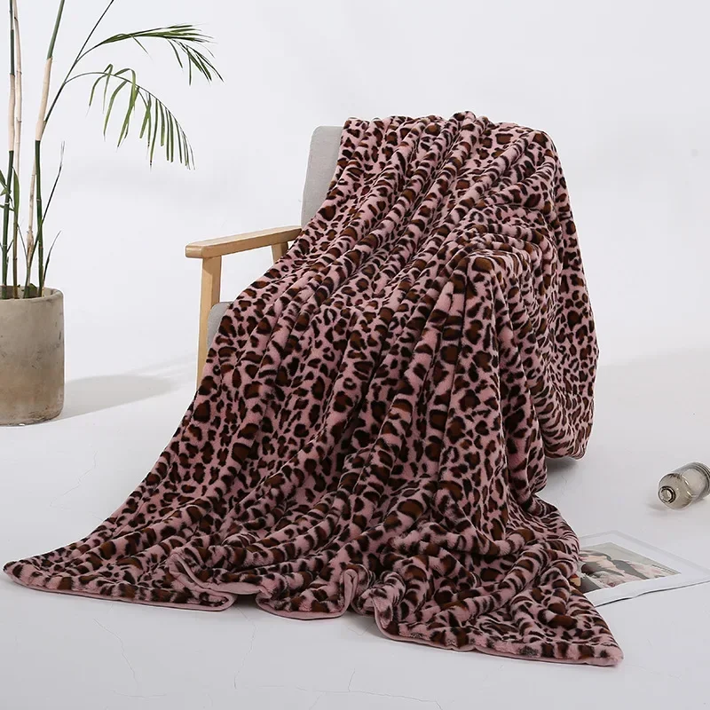 Faux Rabbit Fur Leopard Print Double-layer Coral Rabbit Plush Blanket Bedroom Sofa Soft Breathable Warm Cover Blanket 4