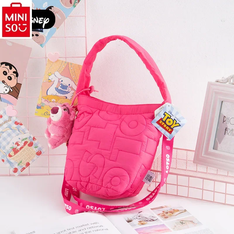 MINISO Disney Cartoon Strawberry Bear Doll Pendant Large Capacity Underarm Bucket Bag Student Cute High Quality Handbag