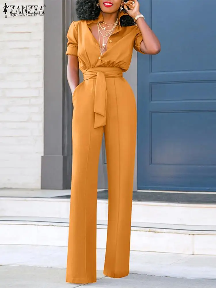 

2024 Spring Long Sleeve Overall ZANZEA Vintage Oversize Jumpsuit Sexy Lapel Collar Long Romper Office Lady Belted Loose Playsuit