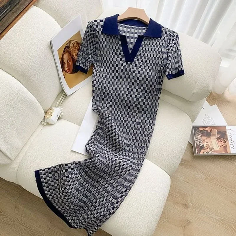 

NMZM fashionable and elegant plaid short sleeved women's knitted dress casual lapel slim fit dress summer women's clothing