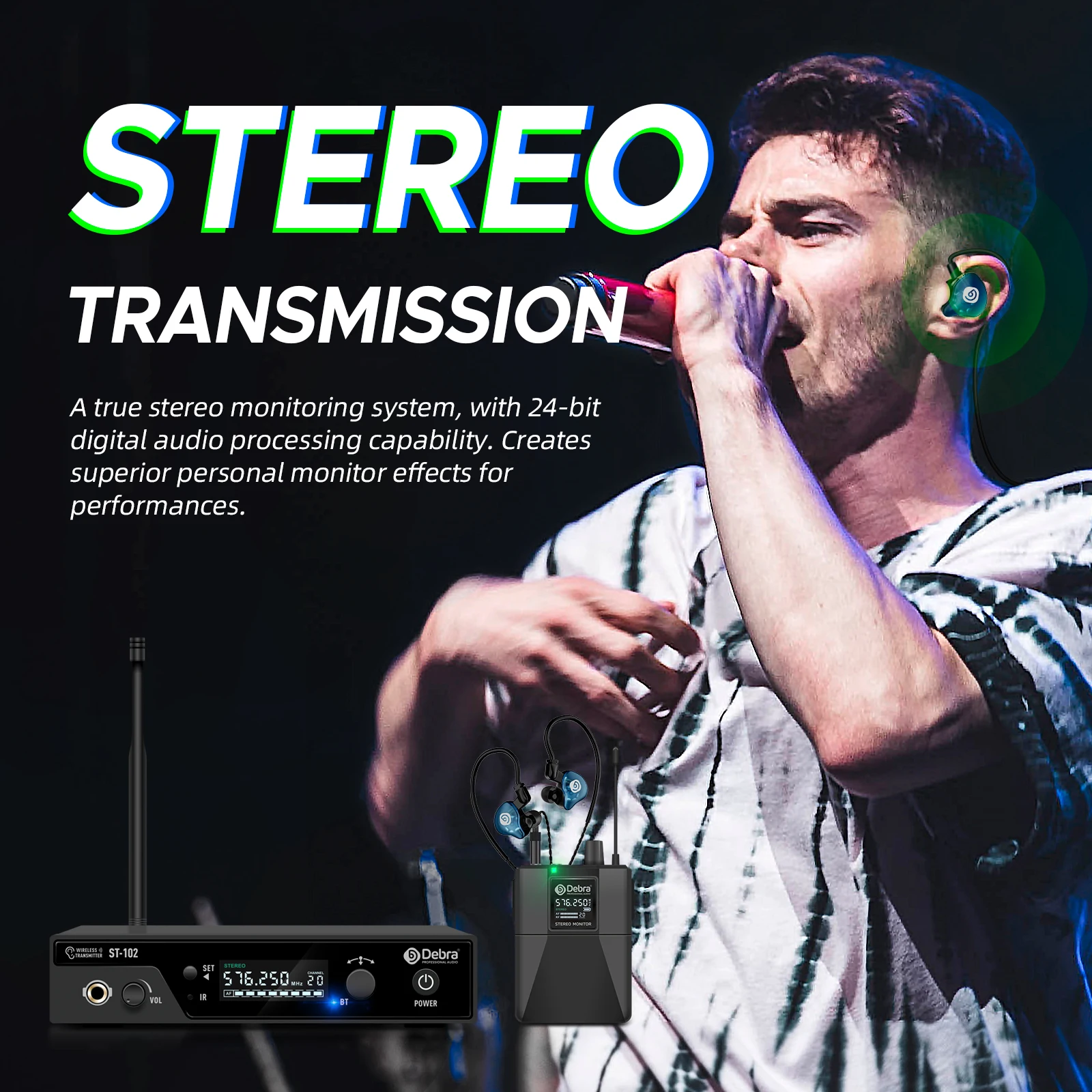 Debra ST-102 Stereo In-Ear Wireless Monitoring System Professional 530~580MHz Fr