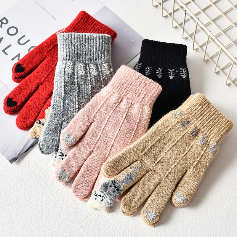 Fingertip Cat Black Gloves Autumn and Winter Female Students Imitation Cashmere Bag Finger Gloves Outdoor Cycling Winter Cycling Gloves Warm Gloves Cat Gloves