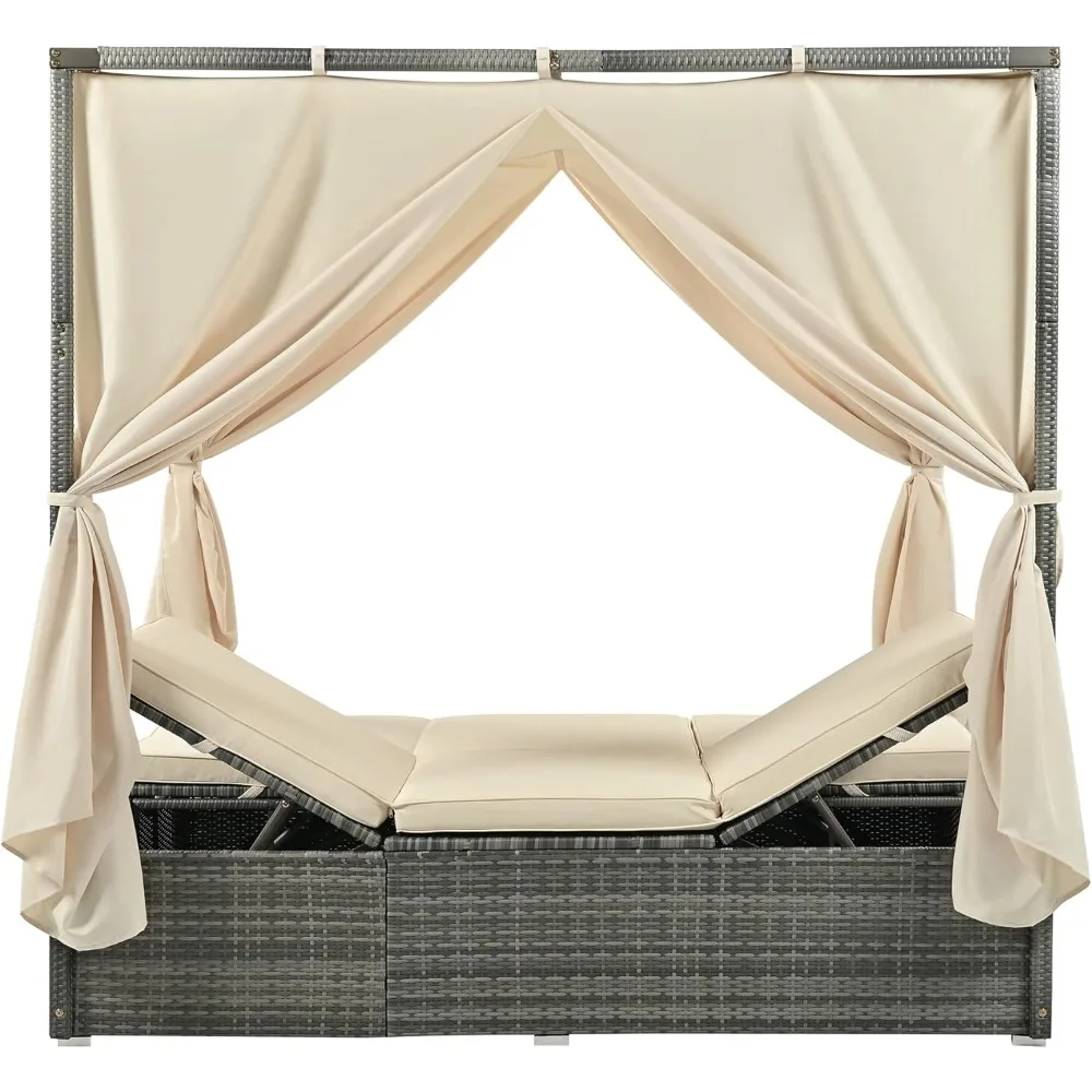 Outdoor Patio Wicker Sunbed Daybed with Canopy, Overhead Curtains, Cushions, Lounge Chairs with Adjustable Seats for Backyard 2