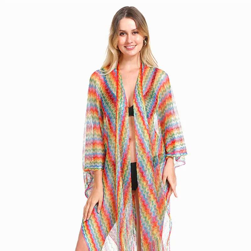 

Colorful Slit Beach Towel Ethnic Style Shawl For Women Transparent Tassels Breathable And Sunscreen Beach Long Vacation Shawl