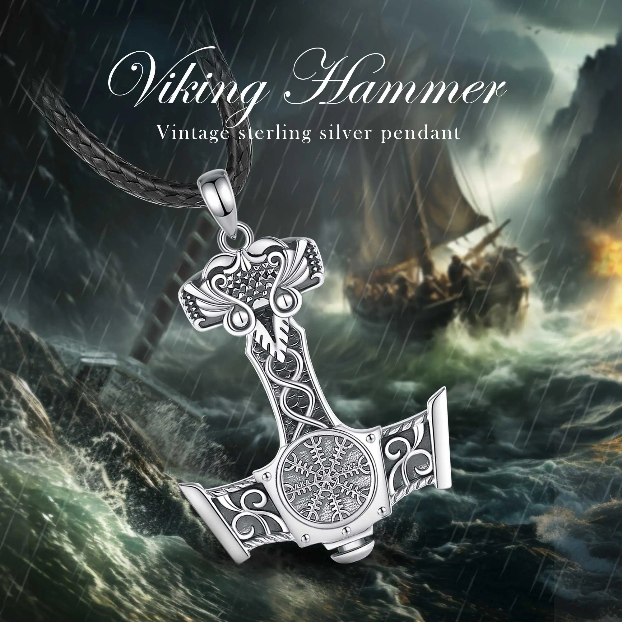 925 Sterling Silver Norse Viking Thor's Hammer Necklace Vintage Compass Mjolnir Amulet Pendant Man Gift pendant necklace silver necklace silver pendant silver necklace charms