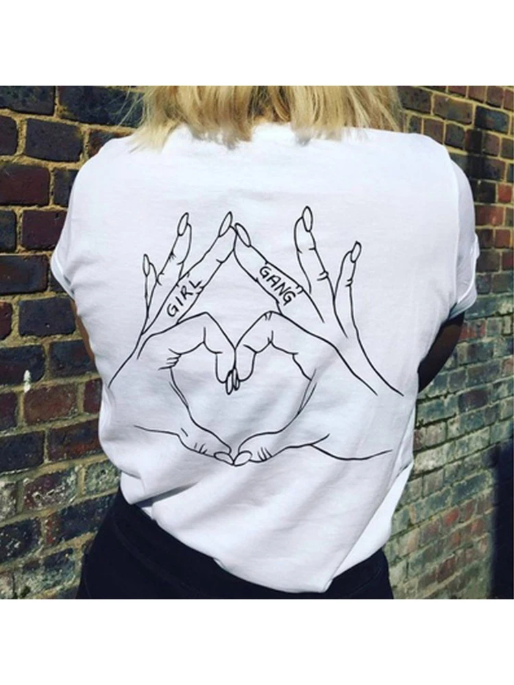 

Girl Gang Love Hand Sign Back Printed Feminism T Shirt Women Tumblr Fashion Summer Tops Tee Casual O Neck Cool T Shirts