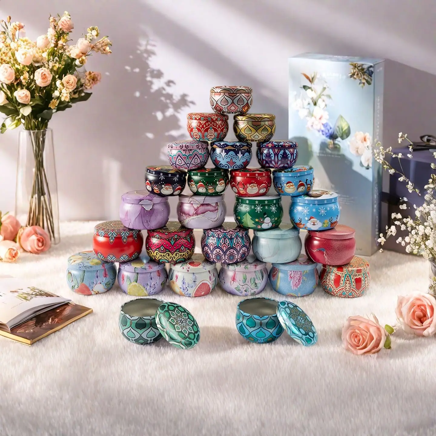 Lot De 10 Boîtes à Bougies En Fer Blanc - 63 X 41 Mm - Motifs Noël - Pour Bougies DIY, Rangement Bonbons - 6