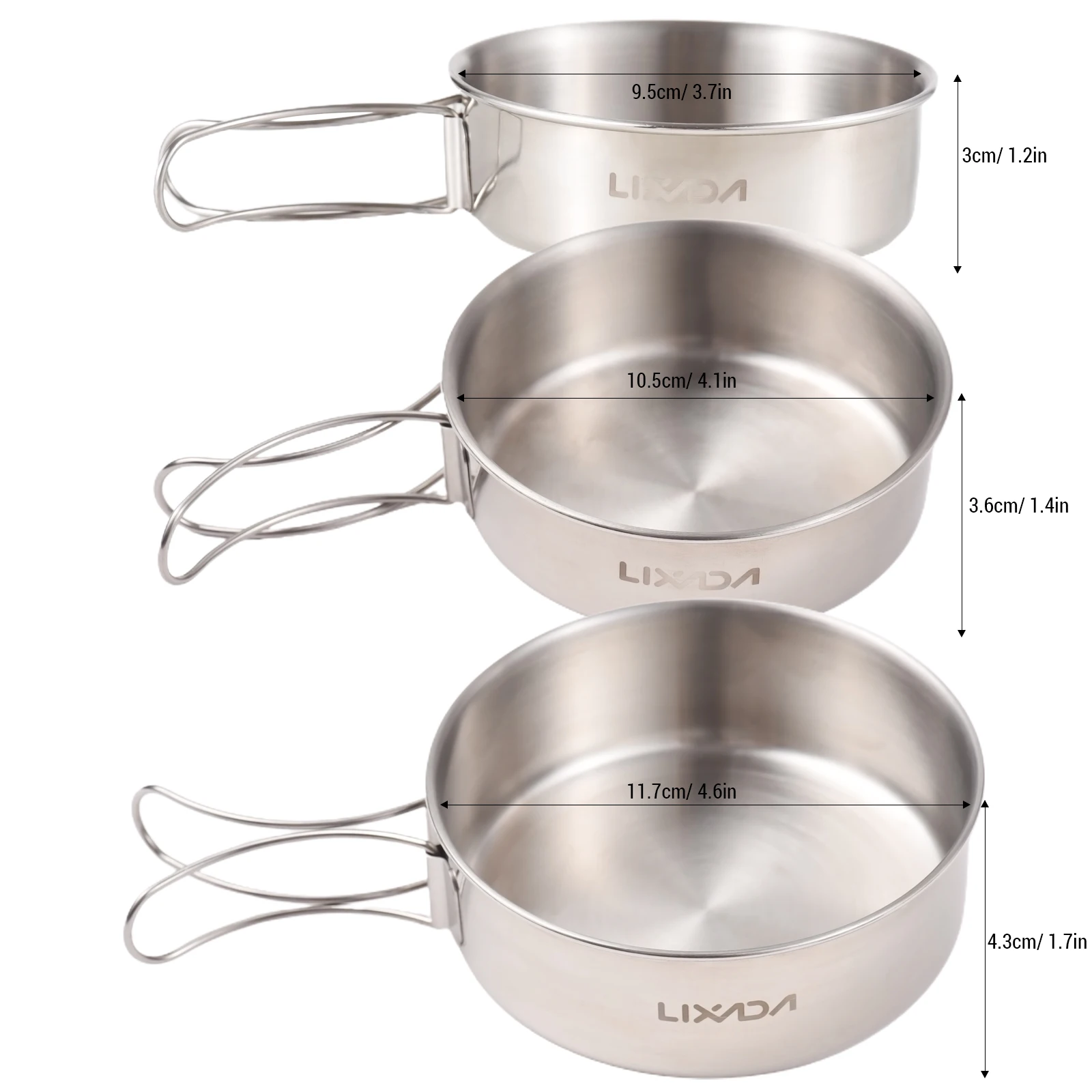 Lixada 3pcs Stainless Steel Combination Cookware Set Camping Kitchenware Pan Pot with Folding Handle for Outdoor Hiking Picnic 6