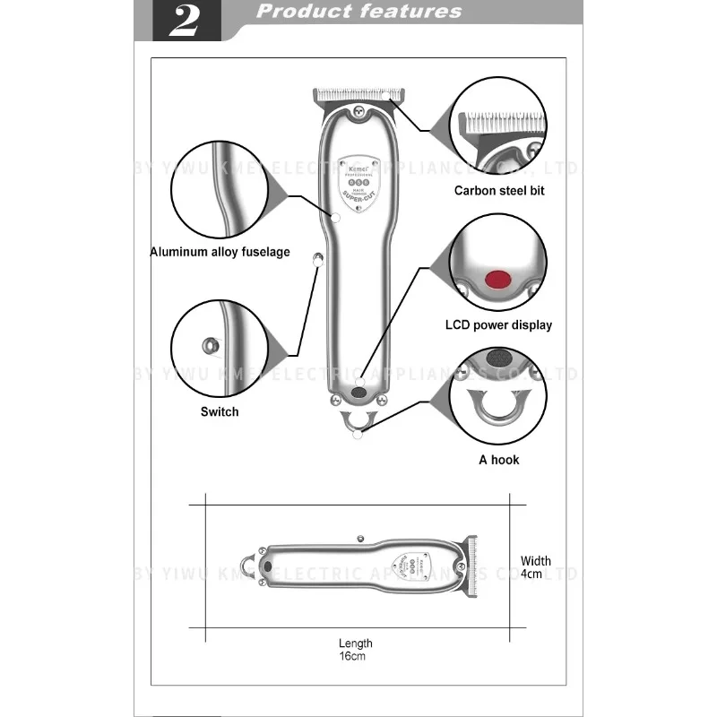 Usb Charging Cordless Hair Cutter Kemei KM-056 10w Powerful Motor Barber Hair Clipper For Men Beard Trimmer 4