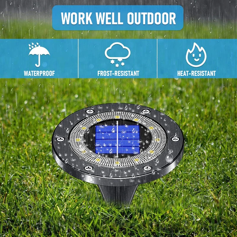 A solar powered ground light that works well outdoors even it is a rainy day due to waterproof design.