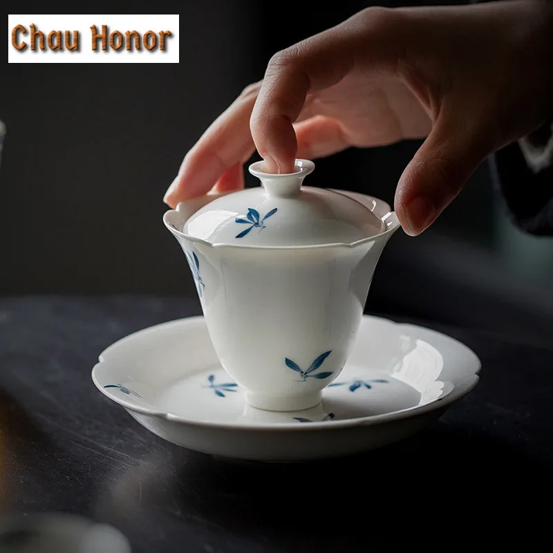 100ml Boutique Pure Handpainted Butterfly Orchid Art Tea Tureen White Porcelain Sunflower Mouth Tea Maker Gaiwan Ceramic Teaware
