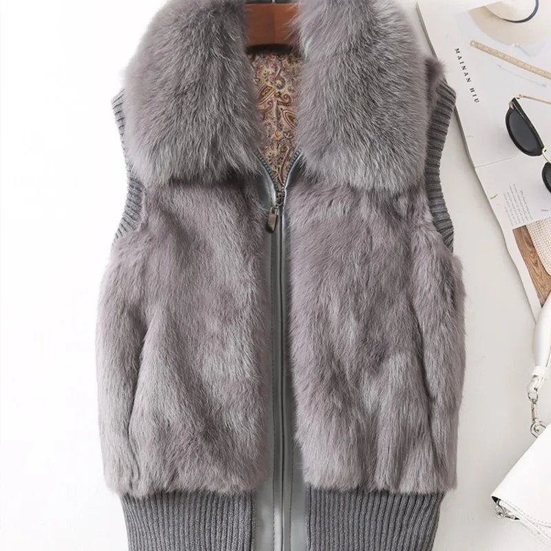 Women's Genuine Real Rabbit Fur Fox Fur Collar Knitting  Women's Winter vest Fur Jacket Casual Short Outwear Slim with zipper