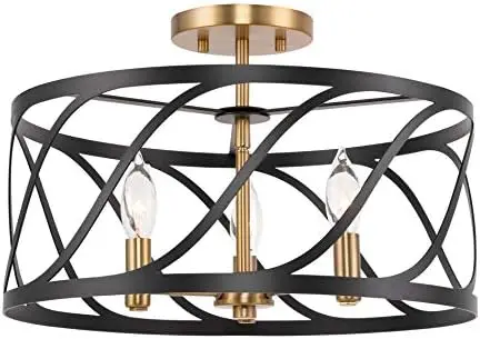 

16" 3-Light Modern Semi-Flush Mount Ceiling Light, Metal Drum Shade, Brushed Nickel Finish