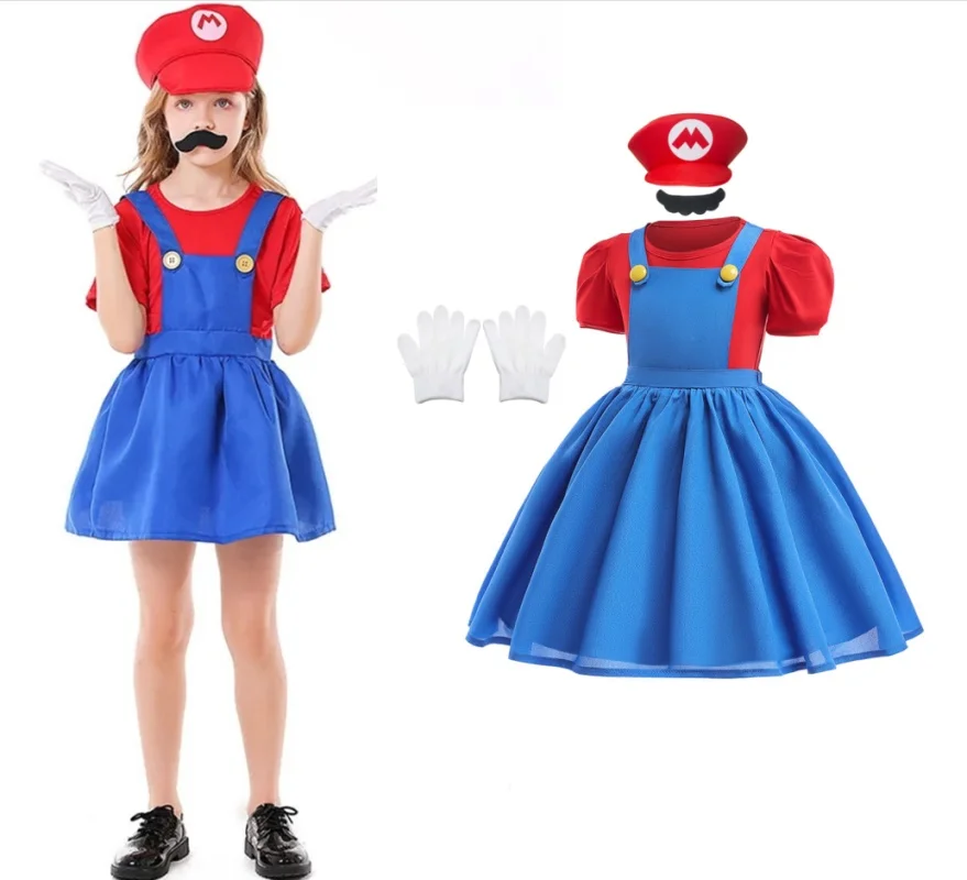 Cosplay Costume Kids Girls Dress Child Cartoon Bros Cosplay Suit Short Sleeve Top+Dress With Hat Girl Halloween Party