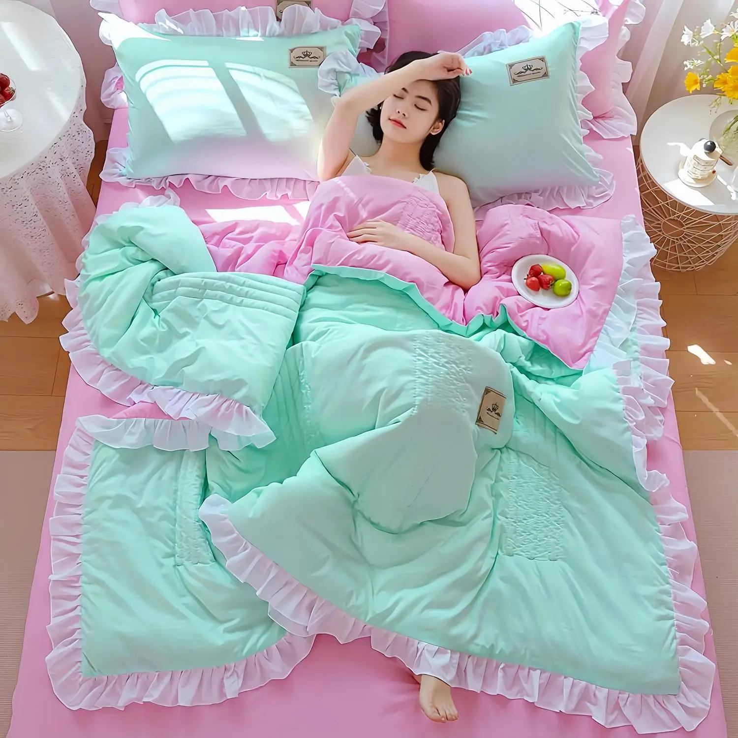 Summer Quilt Set Korean Version Lace Summer Cool Quilt Washable Cotton Machine Washable Summer Quilt Sheets Two Person Air-conditioned Quilt