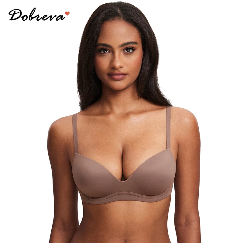 

DOBREVA Women's Push Up Bra Padded Plunge No Underwire Full Coverage Seamless Comfortable Wireless Bras