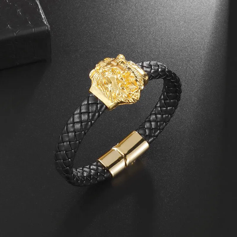 Retro Punk Style Lion Head Single Layer Handwoven Leather Rope Bracelet