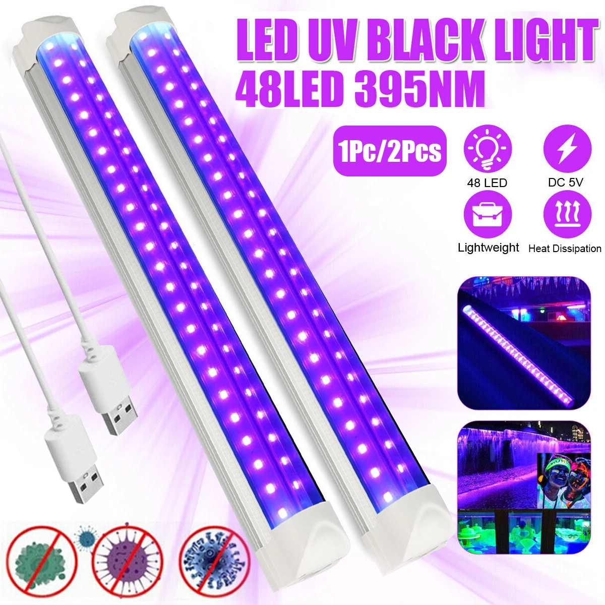 Black Light Bar LED Blacklight UV Strip Lights 10W Ultraviolet Light for Party Body Paint Fluorescent Poster Glow In The Dark