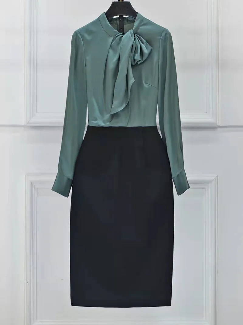 

Bow Tie Elegant Dress 2023 Spring Office Work Women Color Block Patchwork Long Sleeve Midi Bodycon Sheath Dress Green Blue 3XL