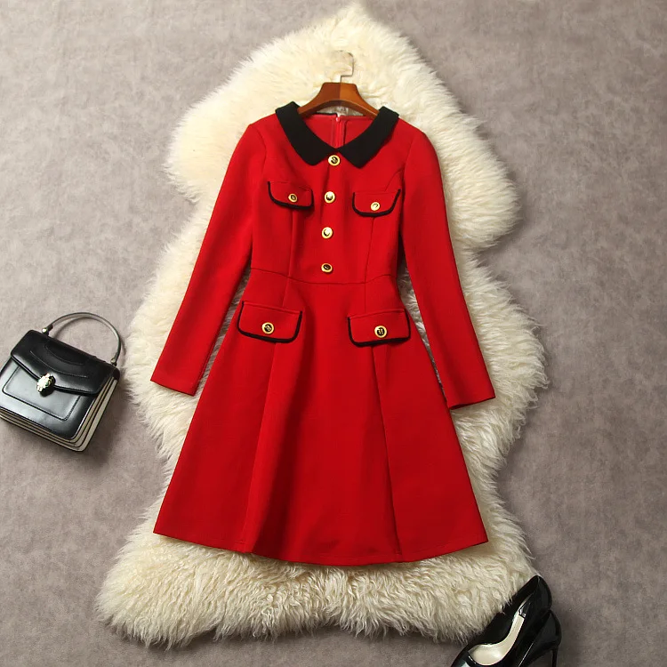 

Europe and the United States women's 2024 winter new Doll collar Long sleeve exquisite buttons Red fashion dress