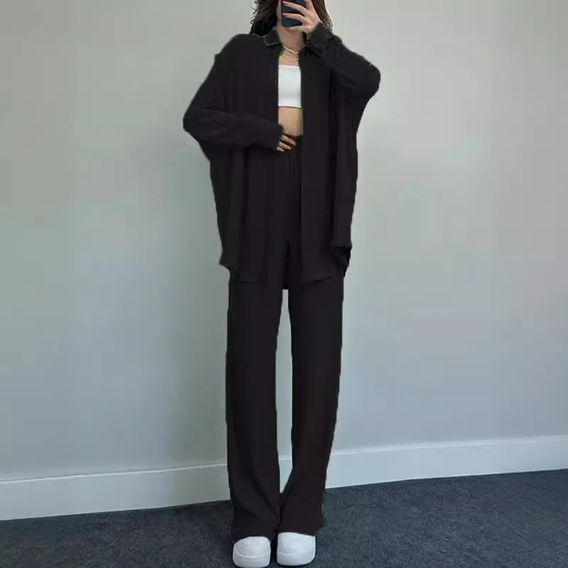 Women Elastic Waist Pant Sets Casual Blouse Suits