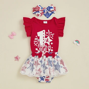 Toddler Boy Independence Day Outfit American Flag Print Sleeveless Romper Shorts Headband Set Kids Clothing for 4th of July 2