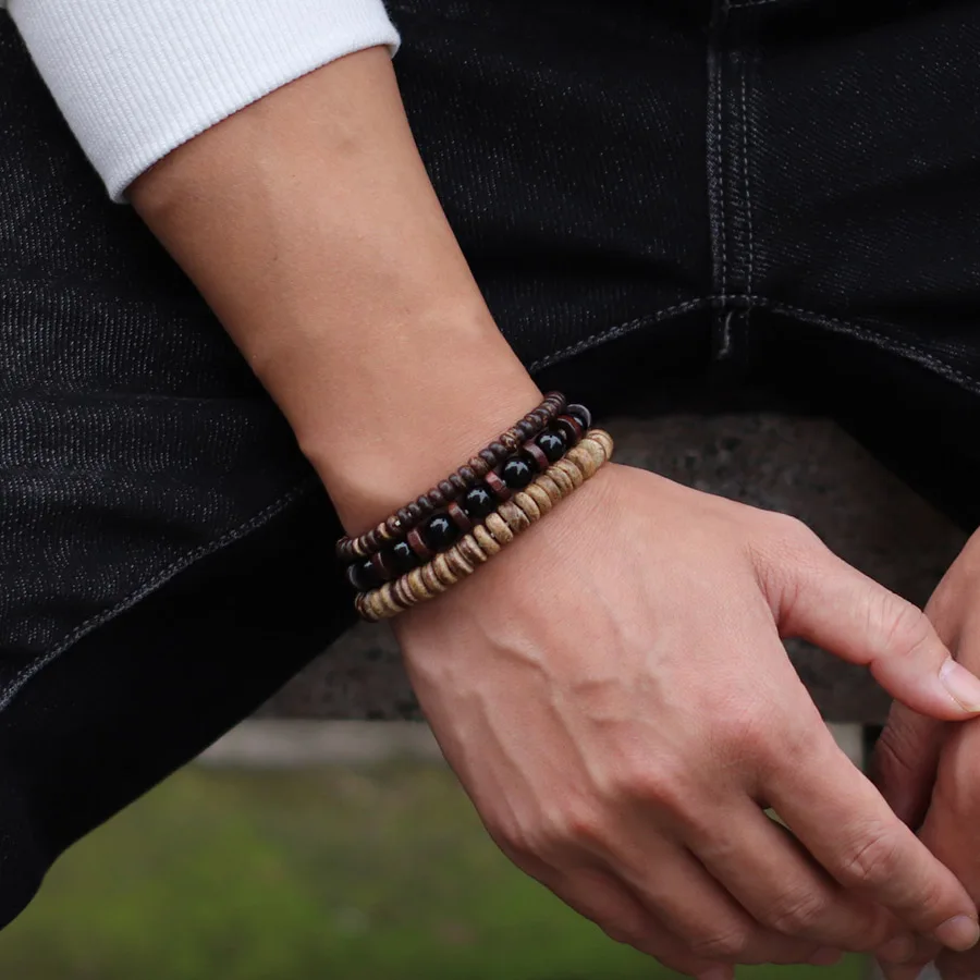 Men Coconut Husk Beads Bracelet Set with Howlite Lava Tiger Eyes Stone