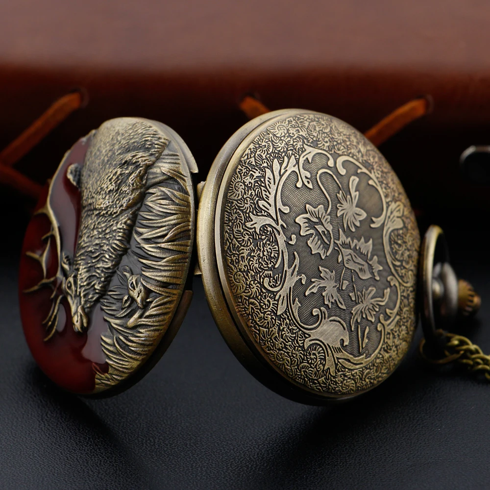 Antique Reindeer 3D Embossed Quartz Pocket Watch Vintage Men's Fob Chain Watch Clock Hunter Commemorative Gift,quartz watch,pocket watch