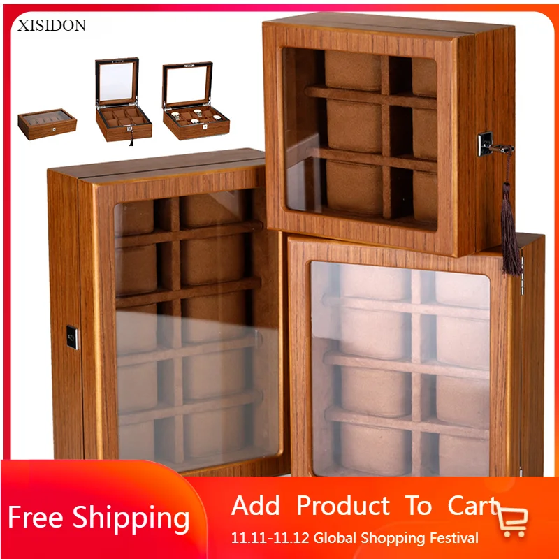 

New Wooden Watch Box Matte Wood Texture Lockable Watch Boxes Storage Organizer Box Window Display Up To 18 Watches for Gifts