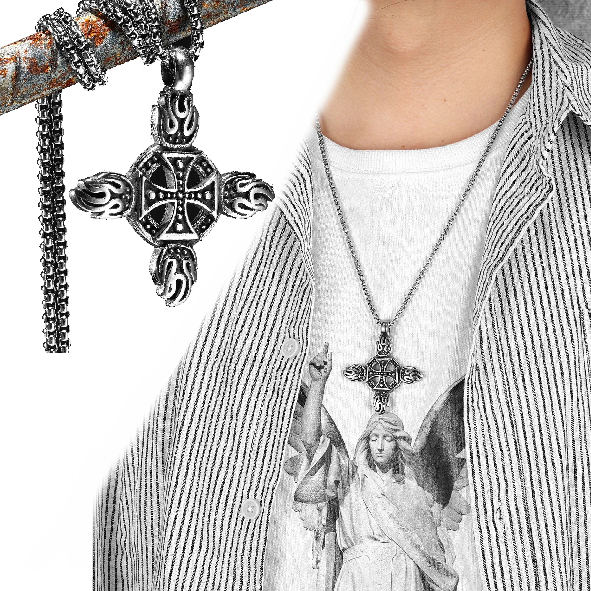 Stainless Steel Punk Rock Hip Hop Flaming Cross Pendant Men's Chain Necklace Christmas Gift