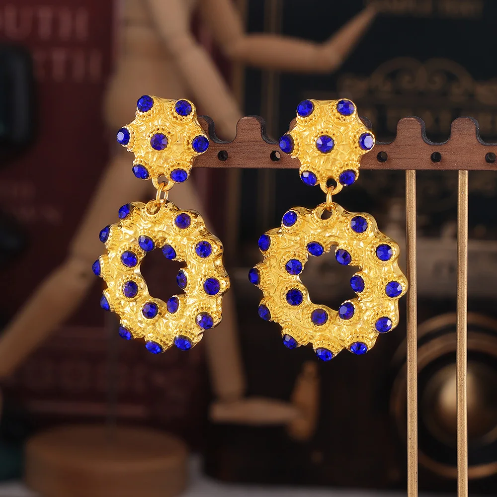 S59764a56728e42df83954bfd9091c5e6X Blue White Rhinestone Dangle Earrings For Women Stainless Steel Double Layer Round Drop Earrings Women Waterproof Jewelry Mallzona