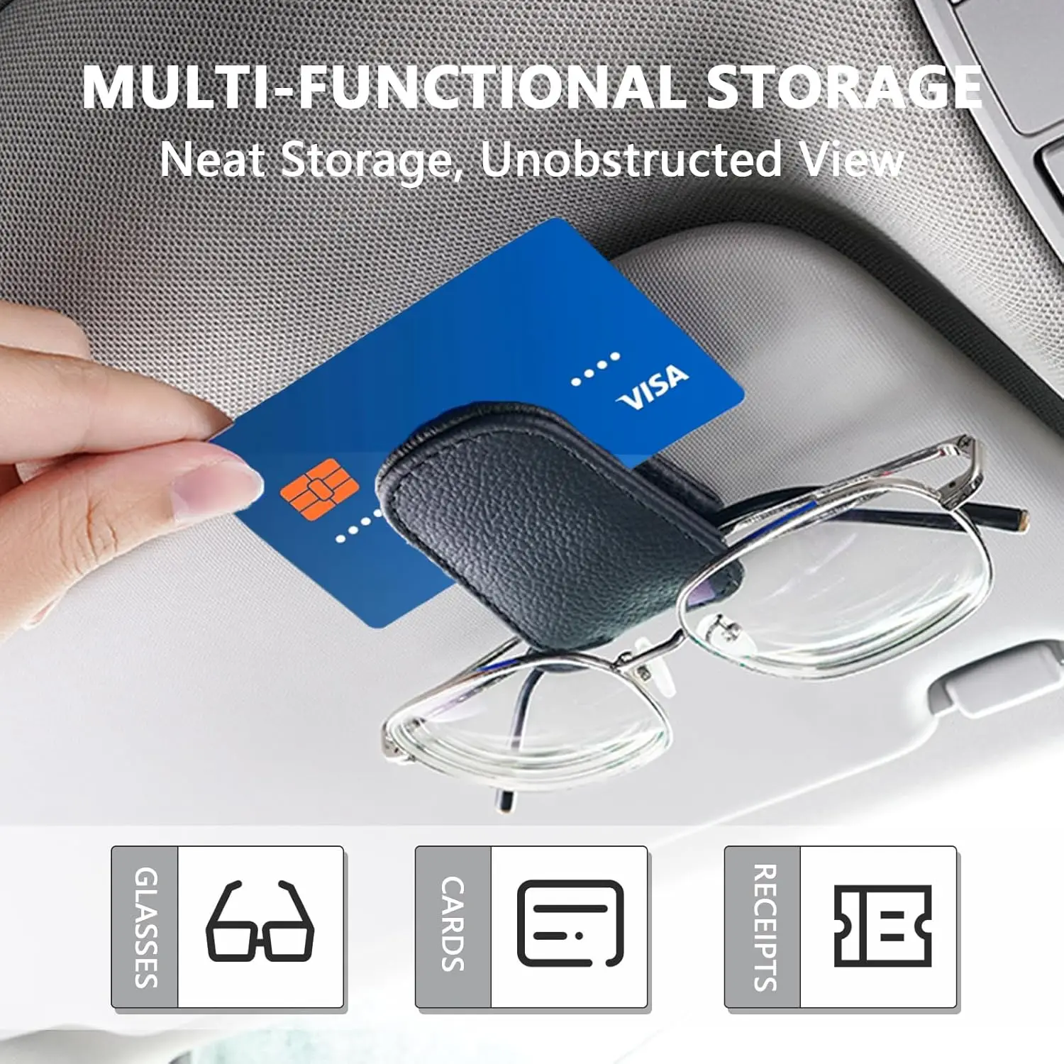 선글라스 홀더는 차량용 햇빛 가리개와 호환됩니다. 자석식 가죽 선글라스 클립과 B형 클립이 특징입니다.