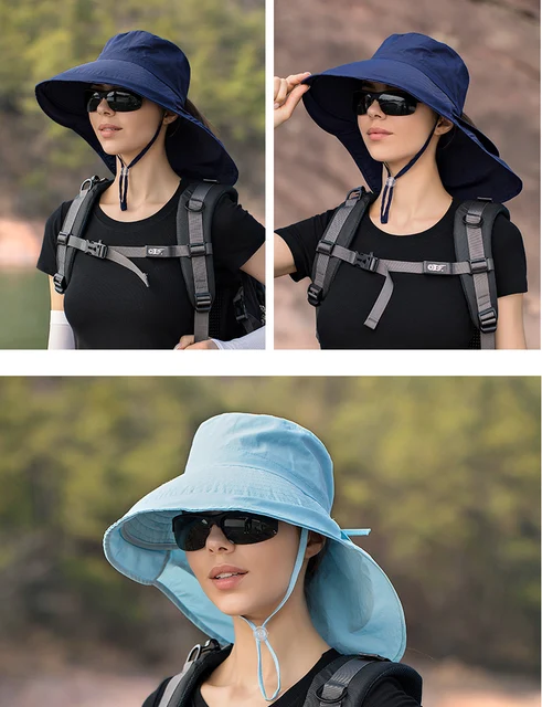 Cappello da sole a tesa larga da donna Cappello a secchiello Cappello estivo da pesca all'aperto Escursionismo Protezione UV anti-collo Scialle Visiera Cappello da donna Cofano_voghion.com