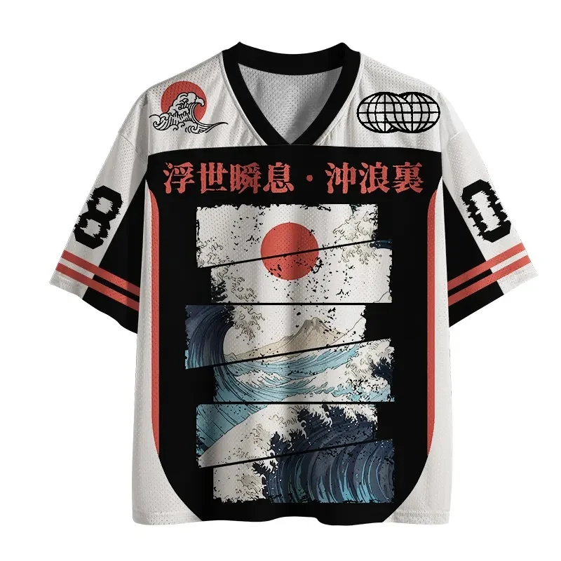 Neuestes T-Shirt im Harajuku-Stil Y2K für Erwachsene und Kinder mit Fuji Mountain, Hokkaido Retro Ukiyo-e 3D-Druck, V-Ausschnitt und Raglanärmeln – Detail 7