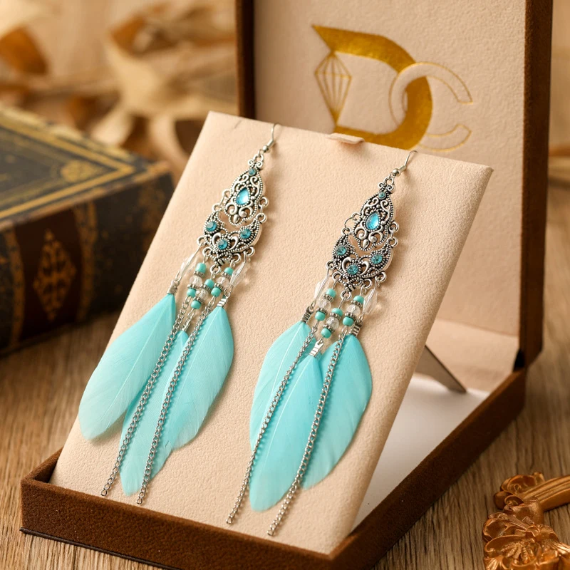 Bohemian Owl Feather Tassel Drop Earrings – Colorful Vintage Style, Alloy, 1.9"