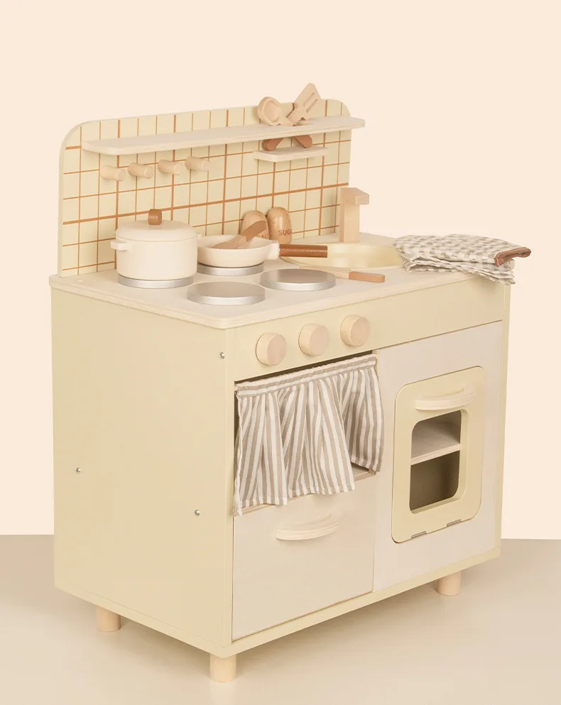 62cm High Quality Wooden Simulate kitchen toy set pot slice knife and fork fish meat Play house Interactive Toys baby girl gift 3