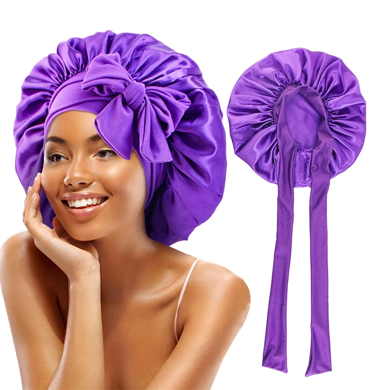 Women's Satin Solid Sleep Cap with Adjustable Tie Band and Elastic Fit